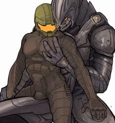 2019 3_fingers 5_fingers alien arbiter_(halo) armor bulge cjdog3 clothing digital_media_(artwork) duo fingers halo_(series) headgear helmet human larger_male male male/male male_human male_sangheili_(halo) male_spartan_(halo) mammal master_chief microsoft sangheili simple_background size_difference smaller_male spartan_ii_(halo) thel_'vadam video_games white_background xbox_game_studios yellow_eyes