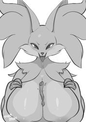 2021 anthro breast_play breasts canid canine claws delphox digital_media_(artwork) female female_pokemon front_view hi_res looking_at_viewer mammal monochrome nintendo nipples pokémon_(species) pokemon rabbitbrush shaded simple_background smile tongue tongue_out video_games white_background