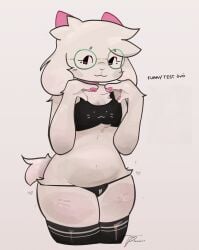 belly black_bra black_legwear black_panties black_stockings blush cat_bra deltarune furry glasses green_glasses pink_horns ralsei ralsei_(deltarune) ralsei_with_white_fur shy shy_expression shy_smile tail thighs tokkiperiwinkle white_fur