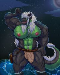 anthro azael_dragonfang balls_outline big_muscles big_pecs black_body black_scales bottomwear bulge clothed clothing dragon ear_piercing flexing genital_outline green_body green_scales hair hi_res horn huge_muscles kalidragon male muscular muscular_anthro muscular_male nipple_piercing nipples pecs penis_outline piercing reptile scales scalie topless water white_hair wingless_dragon