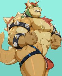 2021 abs absurd_res anthro armband bara barazoku big_bulge big_muscles blue_background body_hair bowser bracelet bulge chest_hair clothing collar eyebrows facial_piercing hair hi_res horn horn_jewelry horn_ring jewelry jockstrap koopa looking_at_viewer male male_only mario_(series) muscular muscular_anthro muscular_male narrowed_eyes navel nintendo nipples nose_piercing nose_ring open_mouth open_smile pecs piercing ring_(jewelry) scalie sharp_teeth shell simple_background smile solo spiked_armband spiked_bracelet spiked_collar spiked_shell spikes spikes_(anatomy) standing teeth thick_thighs tongue underwear video_games vincethetiger