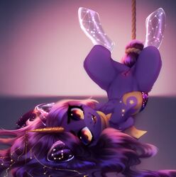 2021 absurd_res bondage bondage bound equid equine fan_character fardros female feral genitals hair hasbro hi_res hooves horn long_hair lying mammal my_little_pony on_back open_mouth purple_body purple_hair pussy quadruped rope solo teeth tongue unicorn unicorn_horn urania yellow_eyes