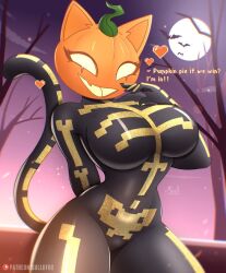 anthro arched_back arms_behind_back ass big_ass big_breasts breasts cat_girl cat_humanoid catgirl felid feline female female_focus female_only flirting fortnite hand_behind_back huge_ass huge_breasts narrow_waist pumpkin pumpkin_head small_waist smirk smirking smirking_at_viewer smug smug_expression smug_face smug_grin smug_smile spice_(fortnite) sulldfox tail tail_markings thick_thighs thin_waist wide_hips