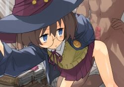1boy :o absurdres bad_id bad_twitter_id bent_over blue_eyes blush_stickers book brown_hair censored clothed_female_nude_male commission erection female glasses hat highres imminent_penetration inactive_account jank365m mosaic_censoring nude original penis pleated_skirt purple_skirt skeb_commission skirt solo_focus straight sweater_vest v-neck witch witch_hat