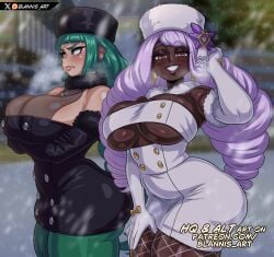 2girls angry angry_face black_dress blannis_art blush breasts brown_eyes christmas dark-skinned_female dark_skin dress earrings female female_only game_freak green_hair harujio_(pokemon) highres huge_breasts jacinthe_(pokemon) lebanne_(pokemon) light-skinned_female light_skin long_hair looking_at_viewer nintendo pink_eyes pink_hair pokemon pokemon_legends:_z-a smile smiling smiling_at_viewer snow thick_thighs very_long_hair white_dress yukari_(pokemon)