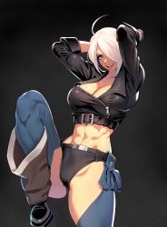 abs absurdres angel_(kof) backless_pants belt belt_buckle big_breasts blue_eyes boots bra breasts chaps cleavage commentary_request cowboy_boots crop_top cropped_jacket female fingerless_gloves gloves hair_over_one_eye highres jacket king_of_fighters king_of_fighters_xiv large_breasts leather leather_jacket leg_up looking_at_viewer midriff muscular muscular_female navel ogami panties pants short_hair smile snk solo strapless strapless_bra toned toned_female tongue tongue_out underwear white_hair
