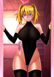 1girls arm_warmers armwear bare_shoulders black_legwear blonde_hair blue_eyes blush clothed clothing curvaceous curvy curvy_figure doorway female female_focus female_only gender_transformation genderswap genderswap_(mtf) grin indoors korison legwear light-skinned_female light_skin naruko naruto naruto_(classic) naruto_(series) naruto_shippuden nose_blush one-piece_swimsuit pinup pose posing revealing_clothes rule_63 sexy_no_jutsu shoulder_length_hair shounen_jump smile smiling solo solo_female solo_focus standing standing_in_doorway teeth thick_thighs thighhighs thighs tied_hair tight_clothing twintails uzumaki_naruto voluptuous wide_hips yellow_hair