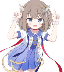 1girl anime_coloring antlers blue_dress blue_eyes blunt_bangs blush brown_hair choker deer_antlers dress hair_ornament hands_up highres horns index_finger_raised kano_(utaite) open_mouth pastel_colors pointing puffy_sleeves red_choker red_ribbon ribbon sailor_dress short_hair simple_background soft_shading solo star_(symbol) star_hair_ornament star_print upper_body vocaloid vsinger_(vocaloid) white_background white_dress wrist_cuffs