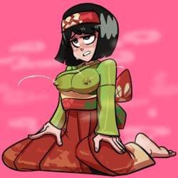 1girls black_hair breasts clothing covered_nipples erect_nipples erect_nipples_under_clothes erika_(pokemon) erika_(pokemon_lgpe) female female_only gym_leader hakama kimono lactation lactation_through_clothes large_breasts nintendo pokemon pokemon_lgpe pokemon_rgby reathroch short_black_hair short_hair solo solo_female