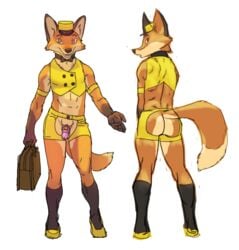 anthro ass bellhop canid canine chaps chastity_cage chastity_device clothed clothing crotchless_shorts fox furry hat headgear headwear male mammal simple_background skimpy solo spacedog topwear white_background