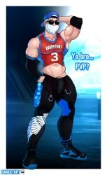 armpit backwards_baseball_cap bandithrt bara beard big_breasts bulge cap condom_wrapper free_fire glasses manly muscles muscular muscular_male nipples_visible_through_clothing sweat sweating sweaty tank_top tank_top_lift tanktop text white_hair
