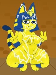 2023 animal_crossing ankha ankha_(animal_crossing) anthro bob_cut bodily_fluids breasts crouching cum cum_covered cum_in_hair cum_on_body cum_on_breasts cum_on_ear cum_on_face cum_on_leg double_v_sign felid feline felis female genital_fluids genitals gesture hair half-closed_eyes hand_gesture hi_res mammal messy narrowed_eyes navel nintendo nipples nude nylonhellhole nylonheretic short_stack slightly_chubby solo tail thick_thighs v_sign vulva yellow_body