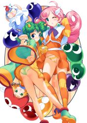 3girls amitie ass blonde_hair blue_eyes blue_puyo cameltoe flipped_hair green_eyes green_hair green_puyo lidelle_(puyo_puyo) multicolored_thighhighs multiple_girls orange_shirt panties pantyshot pink_hair polka_dot polka_dot_panties purple_puyo puyo_(puyopuyo) puyo_puyo puyo_puyo_fever raffina_(puyo_puyo) red_puyo rei_(puyo_puyo) shirt short_hair striped_clothes striped_panties striped_thighhighs suzume_inui thighhighs underwear upskirt wedgie wind wind_lift yellow_puyo
