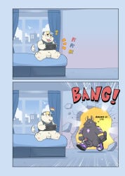 animal_humanoid anthro anubis_jr_(takataka) balls black_body black_fur camisole canid canid_humanoid canine canine_humanoid clothing comic console dog_humanoid duo erection felid footwear fur genitals hat headgear headwear hi_res hui_hui_(takataka) humanoid lion male male/male mammal mammal_humanoid pantherine penis shoes takataka wall_(structure) white_body