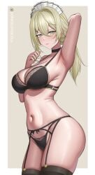 makslus girls'_frontline girls'_frontline_2:_exilium sextans_(girls'_frontline_2) 1girls female female_only feet_out_of_frame stockings garter_straps garter_belt panties lingerie bra maid_headdress blonde_hair long_hair green_eyes looking_at_viewer blush expressionless closed_mouth emotionless side_view arm_up armpits sideboob breasts big_breasts large_breasts navel ass