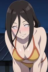 ai_generated bikini blush brown_hair cleavage drunk drunk_face grey_eyes hanabi_hyuuga leaning_forward long_hair medium_breasts naruto_(series) night poolside small_hips small_waist smirk thigh_gap thighs yellow_bikini