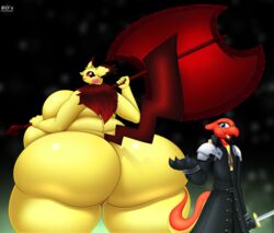 absurd_res anthro ass bds_charmeleon big_breasts big_butt breasts charmeleon dorian_(bds_charmeleon) female final_fantasy final_fantasy_vii genitals hi_res holding_axe huge_breasts huge_butt hyper hyper_breasts hyper_butt larger_female looking_at_viewer looking_back looking_back_at_viewer male nintendo pichu pokémon_(species) pokemon pussy rear_view scalie sephiroth size_difference smaller_male thick_thighs video_games yellow_body