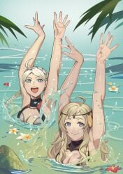 2girls ahoge alluring alternate_costume arms_above_head arms_up blonde_hair blue_eyes cleavage cleavage_cutout dancing daytime fire_emblem fire_emblem_fates flowers headband intelligent_systems large_breasts leaves light-skinned_female light_skin long_hair matching_poses multiple_girls nature nina_(fire_emblem) nintendo ocean one-piece_swimsuit ophelia_(fire_emblem) outdoors outside partially_submerged performance performing posing purple_eyes red_one-piece_swimsuit smile smiling splashing swimming synchronized synchronized_swimming twintails upper_body upper_body_focus water white_hair yellow_one-piece_swimsuit yusi_vishnu