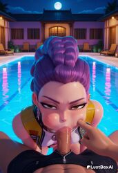 1boy 1boy1girl 1girls ai_generated bare_shoulders blowjob breasts brown_eyes dark-skinned_male dark_skin earrings erection fellatio female full_moon hair_bun hair_pulled_back hi_res jewelry kpop_demon_hunters looking_at_viewer lustboxai male_pubic_hair male_swimwear moon mouth_mask netflix night night_sky oral outdoors penis piercing pool poolside pov pubic_hair purple_hair rumi_(kpop_demon_hunters) sky solo_focus sony_pictures_animation straight swimsuit uncensored water zipper zipper_pull_tab