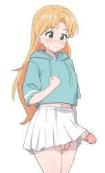 1futa aqua_hoodie blonde_hair blush bottomless breasts closed_mouth clothed clothes_lift clothing cowboy_shot drawstring erection futa_only futanari green_eyes highres hood hoodie human kurofuro large_penis light_skin long_hair mostly_clothed navel penis precum ruri_no_houseki simple_background skirt skirt_lift solo tanigawa_ruri testicles white_background white_skirt