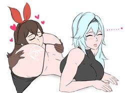 2girls amber_(genshin_impact) ass big_ass big_breasts breasts butt_hug closed_eyes eula_(genshin_impact) face_on_ass female female_only genshin_impact huge_ass large_ass large_breasts long_hair nei_(artist) thick_ass thong yuri