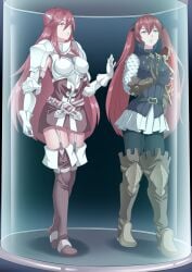 boots confused cordelia_(fire_emblem) fire_emblem fire_emblem_heroes garter_straps glass_container hadant hand_on_glass in_container kidnapped long_hair mother_and_daughter nintendo red_eyes red_hair severa_(fire_emblem) thighs tights trapped twintails