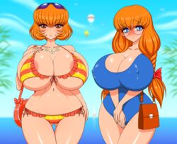 2girls akiranime areolae bangs bare_shoulders belly_button bikini blue_eyes blush breasts bursting_breasts cameltoe cleavage cleft_of_venus collarbone cowboy_shot curvy_body curvy_female eyewear eyewear_on_head facing_viewer female female_focus high_resolution highres hourglass_figure huge_areolae huge_breasts huge_nipples looking_at_viewer matching_hair/eyes mika_(akiranime) navel nipples open_bikini open_clothes orange_eyes orange_hair original original_character purple_eyewear purple_sunglasses red_swimsuit smile standing sunglasses sunglasses_on_head swimsuit thick_thighs thigh_gap thighs wide_hips yano_(akiranime)