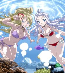 2girls big_breasts bikini blonde-haired_female blonde_hair blue_eyes blush blush_lines bracelet bracelets breasts bubbles collarbone coral detailed_background earrings fairy_tail female fish flower flower_in_hair frilled_bikini frills front_ponytail glistening glistening_breasts gold_bracelet gold_bracelets hair_up high_ponytail jellyfish jenny_realight jewelry large_breasts lavender_bikini light_blush mirajane_strauss multiple_girls navel necklace ocean purple_bikini purple_swimsuit red_bikini sea_anemone side-tie_bikini side-tie_bikini_bottom side-tie_panties sidelocks smile swimming swimsuit thick_thighs thin_waist trenganfinn29 underwater v_sign water white-haired_female white_frills white_hair wide_hips