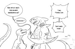 absurd_res anthro breasts cher cher_(indecentwanton) dragon dragonborn duo english_text female fin fish gills hi_res humanoid indecentwanton lizard lizard_tail male male/female marine monochrome muscular muscular_male nipples reptile scalie scar shark shark_tail sharp_teeth teeth text thrash thrash_(indecentwanton)