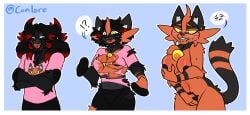 anthro big_breasts black_body black_fur blush breast_expansion breast_growth breasts clothed clothing colored confusion conlore covering covering_self domestic_cat expansion felid feline felis female fur gender_transformation generation_7_pokemon genitals growth hand_on_breast hand_on_vulva happy hi_res male mammal mtf_transformation nintendo nipples nude piercing pokemon pokemon_(species) pokemorph red_body red_fur sequence solo species_transformation tail tail_growth thick_thighs thigh_expansion torn_clothing torracat transformation vulva