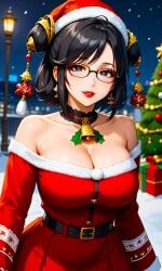 1girls ai_generated asian attractive beautiful beautiful_girl bell belt billiemi02 black_hair chinese_female chocker christmas city_background eyelashes eyeshadow hair_ornament heavenly_face lamp_post large_breasts lisptick looking_at_viewer lovely makeup night royalty samurai_shodown santa_costume shoulderless_dress smiling_at_viewer snk snow stable_diffusion tree video_game_character video_game_franchise video_games warrioress wrapped_gift wu-ruixiang