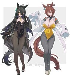 2girls absurdres agnes_tachyon_(tach-nology)_(umamusume) agnes_tachyon_(umamusume) ahoge alternate_breast_size_(larger) alternate_costume animal_ears black_coat black_gloves black_hair black_jacket black_leotard black_necktie black_pantyhose blush breasts brown_eyes brown_hair brown_pantyhose character_name chemical_structure cleavage closed_mouth coat coat_lift covered_navel detached_collar ear_ornament ear_tag earrings female female_only full_body gloves gold_leotard green_shoes grey_hair grey_pantyhose grey_shoes hair_between_eyes highleg highleg_leotard highres horse_ears horse_girl horse_tail huge_ahoge jacket jewelry lab_coat large_breasts lengkuass leotard long_bangs long_hair long_hair_between_eyes long_sleeves looking_at_viewer manhattan_cafe_(umamusume) multicolored_hair multiple_girls necktie open_clothes open_coat pantyhose red_eyes shoes short_hair short_necktie single_earring sleeves_past_fingers sleeves_past_wrists small_breasts smile standing strapless strapless_leotard tail umamusume white_coat yellow_eyes yellow_leotard yellow_necktie