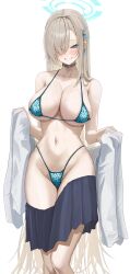 1girls absurdres areola_slip asuna_(blue_archive) bikini bikini_bottom bikini_top black_choker blonde blonde-haired_female blonde_female blonde_hair blonde_hair_female blue-eyed_female blue_archive blue_eyes blue_eyes_female blue_halo blue_ribbon blue_skirt blush breasts brown_hair chocker choker cleavage clothes_pull commentary_request enormous_breasts feet_out_of_frame female female_only femalee_only girls hair_intakes hair_over_one_eye hair_ribbon halo highleg highleg_bikini highres holding holding_unworn_clothes large_breasts long_hair looking_at_viewer mole mole_on_breast navel omomochi pleated_skirt print_bikini ribbon school_uniform schoolgirl simple_background skindentation skirt skirt_pull smile sole_female solo standing stomach swimsuit thighs very_long_hair white_background white_bikini