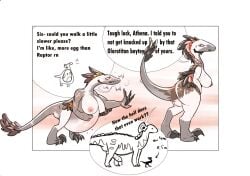 absurd_res annoyed anthro blush bodily_fluids breasts breath cum dialogue dinosaur dromaeosaurid duo egg eggnant erection exhausted feathered_dinosaur feathered_scalie feathers female genital_fluids hadrosaurid hi_res lactating olorotitan ornithischian ornithopod panting pregnant pregnant_anthro pregnant_female prehistoric_species reptile saurischian scalie sibling_(lore) sister_(lore) size_difference theropod unknown_artist