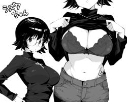 big_breasts black_bra black_hair black_shirt black_sweater black_tattoo blue_jeans bra breasts cleavage clothes_lift commentary_request cross cross_necklace denim female glasses greyscale henyaan_(oreizm) highres hunter_x_hunter jewelry large_breasts lifting_own_clothes long_sleeves looking_at_viewer monochrome navel necklace phantom_troupe pulling_up_shirt round_eyewear shirt_lift shizuku_murasaki short_hair simple_background spider_tattoo stomach sweat sweater sweater_lift tattoo turtleneck turtleneck_sweater underwear white_background