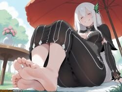 2025 ai_assisted ai_generated anime anime_girl anime_style arm_support artist_name ass bangs barefoot black_capelet black_dress blush breasts butterfly_hair_ornament capelet cup day dress echidna_(re:zero) feet female flower foot_focus foreshortening grin hair_between_eyes hair_ornament hi_res high_quality high_res high_resolution highres large_breasts long_hair long_sleeves looking_at_viewer outdoors parasol patreon patreon_username re:zero_kara_hajimeru_isekai_seikatsu rinkoai sitting smile soles soles_fetish solo striped striped_dress table teacup toes umbrella uncensored vertical-striped_dress vertical_stripes watermark white_hair