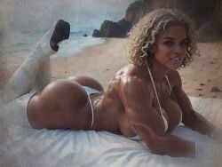 1girls ai_assisted ai_generated ass beach bikini black_eyes black_eyeshadow black_female bleached_hair blond_hair blonde boots curly_hair dark-skinned_female eyeshadow female_only g-string gloves happy huge_breasts large_ass leather leather_boots lipstick looking_at_viewer medium_hair muscular muscular_female oc oiled oiled_body oiled_skin on_stomach original_character pink_lipstick reclining solo solo_female thigh_high_boots thigh_highs thighhighs voluptuous voluptuous_female white_leather