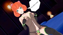 3d android babydoll covering_breasts cyborg dialogue freckles green_eyes koikatsu lingerie long_gloves orange_hair panties penny_polendina perfect_idiot robot robot_girl rwby speech_bubble thighhighs