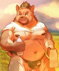 2021 5:6 anthro asian_clothing bawp belly bodily_fluids brown_body brown_fur bulge canid canine canis cute_fangs domestic_dog east_asian_clothing fundoshi fur furry genital_outline green_clothing green_fundoshi green_underwear highres humanoid_hands japanese_clothing kemono lifewonders male mammal moobs navel nipples outdoors overweight overweight_male penis_outline solo sweat testicles_outline tokyo_afterschool_summoners towel underwear yasuyori