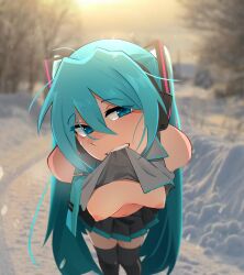 1girls 2d biting_clothes blue_eyes blue_hair breasts breasts_out exposed exposed_breasts female flashing hair_ornament hands_behind_back hatsune_miku headphones khyleri leaning_forward legwear lifting_shirt long_hair nipples no_bra outdoors seductive seductive_look shirt_lift shirt_up skirt small_breasts snow solo stomach tagme teasing teeth thighhighs twintails vocaloid