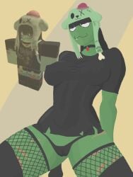 1girls alzer_ bangs black_clothing black_hair black_panties breasts choker clothing collar cuts cuts_on_thighs female female_only fishnets green_hat green_skin hat long_hair pussy_outline reference_image roblox roblox_avatar robloxian scars self_upload shirt slim_waist solo_female spread_legs t-shirt thick_thighs thighs thong tight_clothing tight_fit white_eyes wide_hips zombie zombie_girl