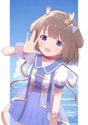 1girl absurdres blue_sky blunt commentary_request deer franky7702 highres kano_(utaite) ocean sailor sheer sky upper waving