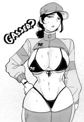 1girls arm_behind_back big_breasts bikini black_hair breasts busty cleavage english_text female female_only half-closed_eyes hand_on_own_hip highres jacket large_breasts legs looking_at_viewer mature_female monochrome navel open_clothes open_jacket original original_character pose posing seductive_gaze sensual sexy sideboob sketch solo sweat swimsuit thick_thighs thighs thong_bikini toned voluptuous