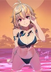 alternate_costume antenna_hair arm_up bikini black_bikini black_bow blonde_hair blush bow bow_bikini breasts brown_background cleavage closed_mouth commission cowboy_shot crossed_bangs evening eyebrows_hidden_by_hair female fingernails glitch_stars grey_hair hair_between_eyes hand_in_own_hair highres ibaraki_shun large_breasts leaning_forward long_hair looking_at_viewer medium_breasts multicolored_hair navel orange_background outdoors purple_eyes scar scar_on_arm scar_on_chest scar_on_shoulder side-tie_bikini_bottom signature skeb_commission smile solo space_print split_mouth standing starry_sky_print stomach streaked_hair sunnysplosion swimsuit thighs twirling_hair two-tone_hair virtual_youtuber wading water