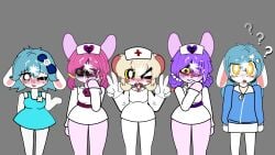 2d_(artwork) 5girls baller_2206 blonde_hair blue_hair blushing_at_viewer blushing_female confused_face cum_on_face disgusted_look leilu_(terrible_mouse) leima_(terrible_mouse) lorna_(terrible_mouse) nurse_uniform peace_sign pink_hair pula_(terrible_mouse) purple_hair stick_nodes susie_(terrible_mouse) terrible_mouse tongue_out