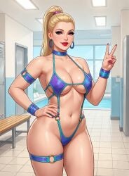 1girls ai_generated arm_band bimbo blonde_female blonde_hair choker cleavage earrings eyeshadow hoop_earrings inner_sideboob large_breasts lipstick locker_room milf monokini nail_polish one_hand_on_hip peace_sign ponytail poolside red_nails revealing_swimsuit rgomez007 sling_bikini slingshot_swimsuit stable_diffusion swimsuit thick_thighs thigh_strap underboob victory_pose wide_hips wristband