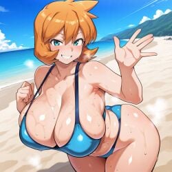 ai_generated alternative_bust_size aqua_eyes ass bangs bare_shoulders beach bikini blue_bikini blue_eyes blue_sky blue_swimsuit blush bodily_fluids breasts clavicle cleavage clothing cloud curvaceous day female female_only grin hair_between_eyes huge_breasts kasumi_(pokemon) large_breasts leaning_forward looking_at_viewer misty_(pokemon) misty_(pokemon_hgss) navel ocean orange_hair outdoors pokemon pokemon_character pokemon_gsc pokemon_hgss sand shiny_skin short_hair skindentation sky smile solo sweat swimsuit thick_thighs thighs water waving wet wide_hips