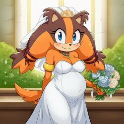 1girls ai_generated anthro anthro_female bouquet breasts bride bride_veil cleavage clothing dress female female_only flowers flowers_in_hand furry furry_female furry_only lazybonesai mammal orange_fur pregnant pregnant_anthro pregnant_belly pregnant_female sega sonic_(series) sonic_the_hedgehog_(series) sticks_the_badger wedding_dress