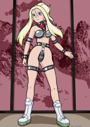 1girls ball_gag blonde_hair blue_eyes chastity chastity_belt chastity_bra chastity_device collar female female_chastity female_only femsub gag gag_around_neck metal_collar metal_cuffs plasma-dragon skindentation thigh_cuffs wrist_cuffs