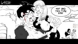 !? 3boys after_fight android_17 android_18 artist_signature blood_in_mouth blood_on_face breasts breasts_out breasts_pressed_against_partner cloud curvy curvy_female damaged damaged_clothes dragon_ball dragon_ball_z female future_gohan future_trunks hi_res kiss_on_cheek kissing meme messy monochrome no_ai ripped_clothing signature simple_background simple_coloring sky son_gohan surprised text text_bubble the_drink what_if